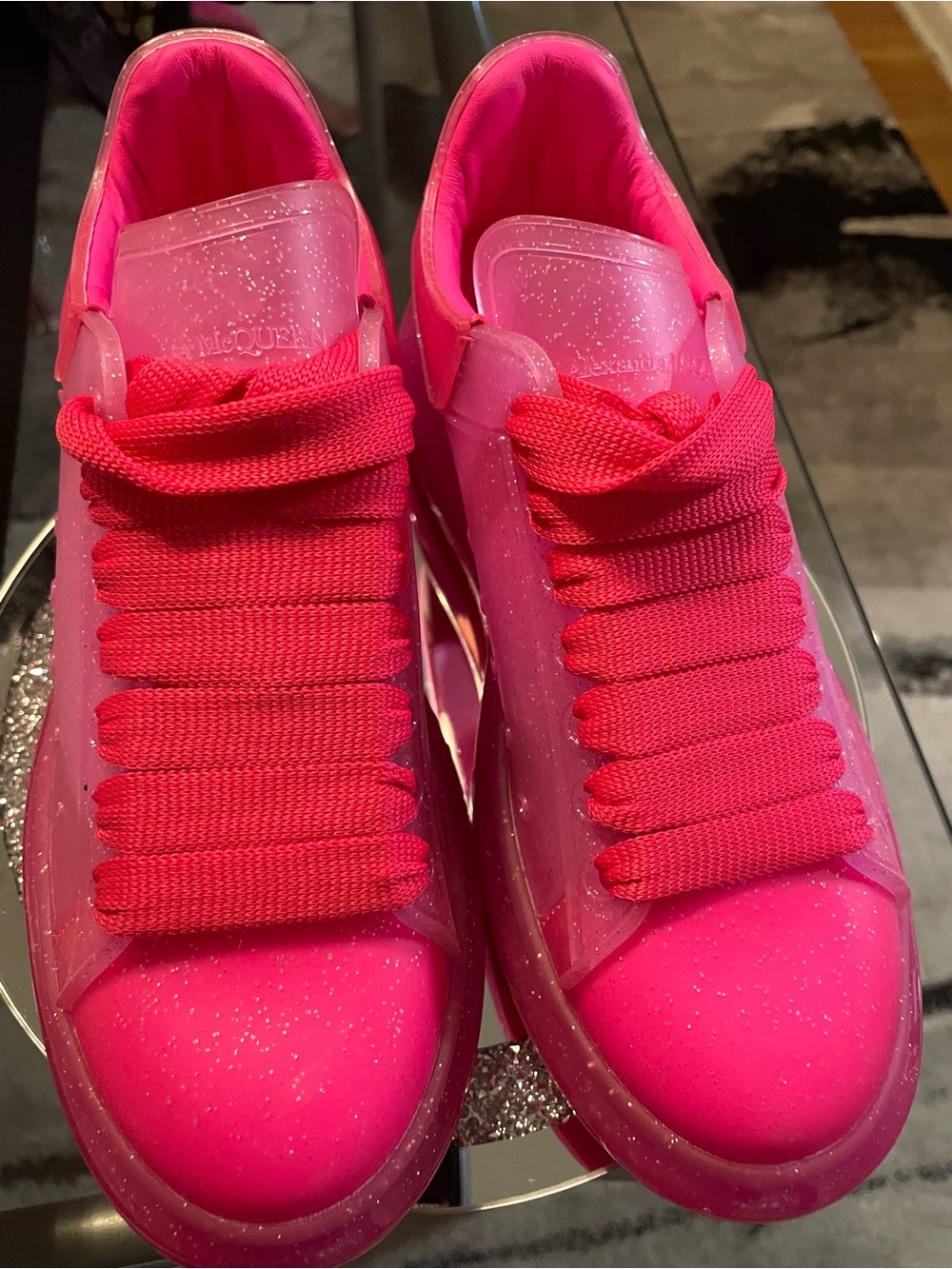 Alexander McQueen Bright Pink Glitter Platform Sneakers
